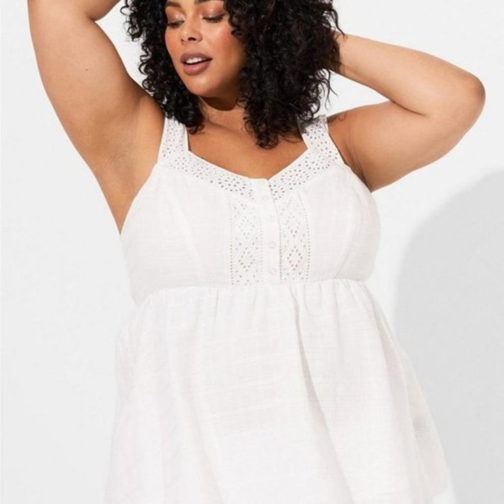 Torrid - Babydoll Cotton Window Pane Button Front Tank in Cloud Dancer White​